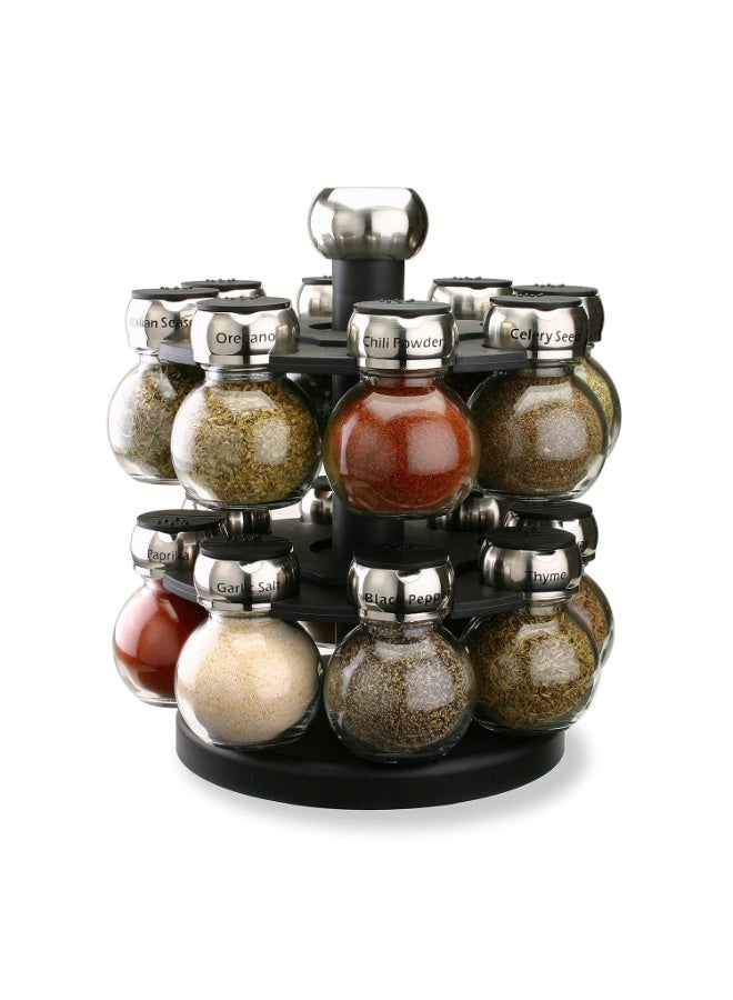 Rotating Rack, 16 Refillable Spice Jars, Labeled Shaker Tops, 45, Black, Clear  - Image 1