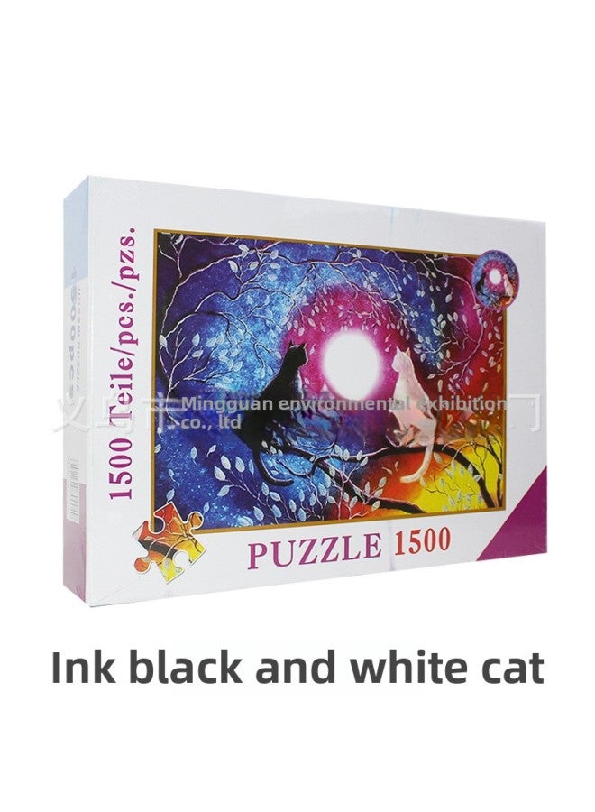 Adult 1500 Pieces Puzzle Thickened Paper Oil Painting Landscape Puzzle Super Hard To Burn Brain Game Educational Toys Living Room Hanging Picture-Color:8812 Ink Black And White Cat - Image 1