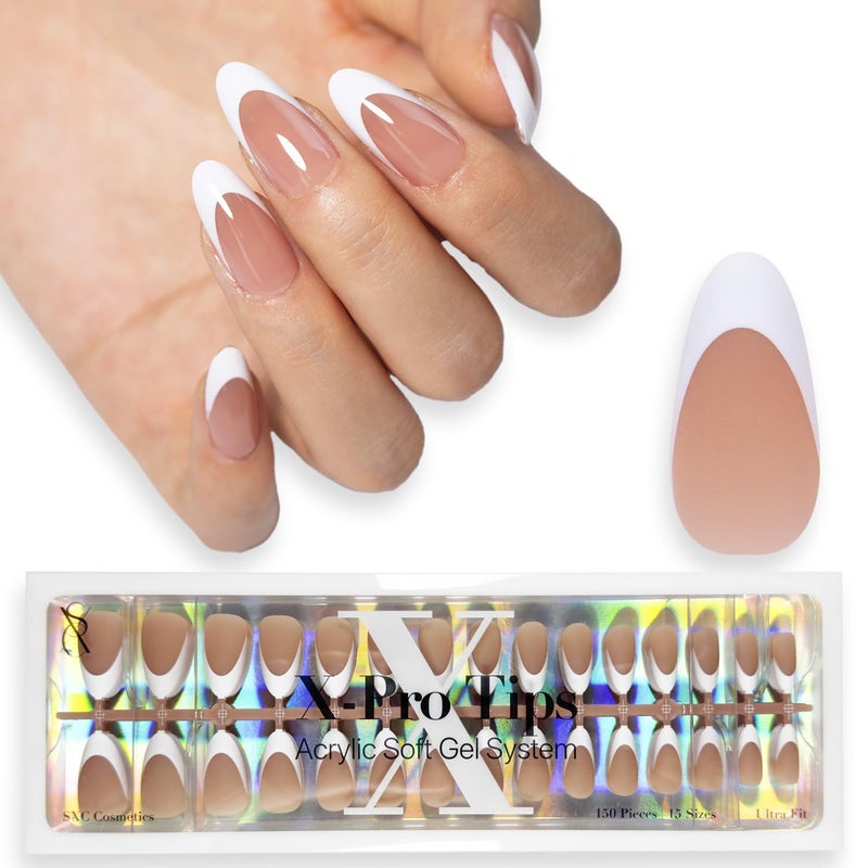 SXC Cosmetics French Tip Press On Nails Brown Medium Almond 150 Pieces in 15 Sizes Ultra Fit with Pre-applied Tip Primer and Base Coat, No Need to File Fake Nails for Nail Art DIY X-Pro Tips