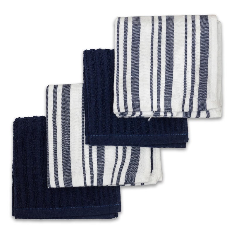 Frigidaire Claire 100% Cotton Dish Clothes,12" x 12", Solid and Stripe Print, Machine Washable, Denim,4-Pack - Image 1