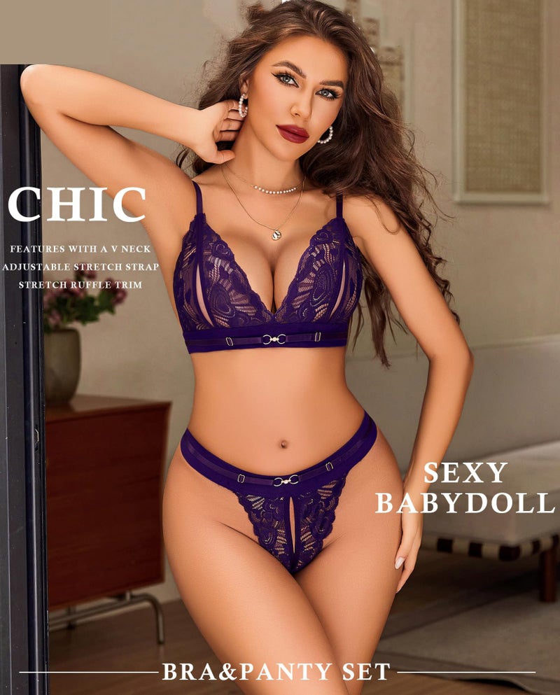 GirlFriend Lingerie for Women Floral Lace Bra and Panty Sets 2 Piece Babydoll Underwear Purple - Image 2