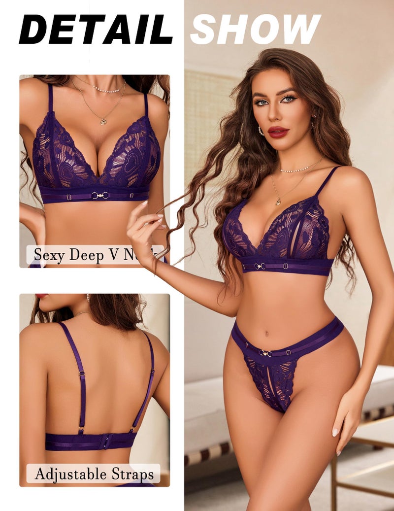 GirlFriend Lingerie for Women Floral Lace Bra and Panty Sets 2 Piece Babydoll Underwear Purple - Image 4