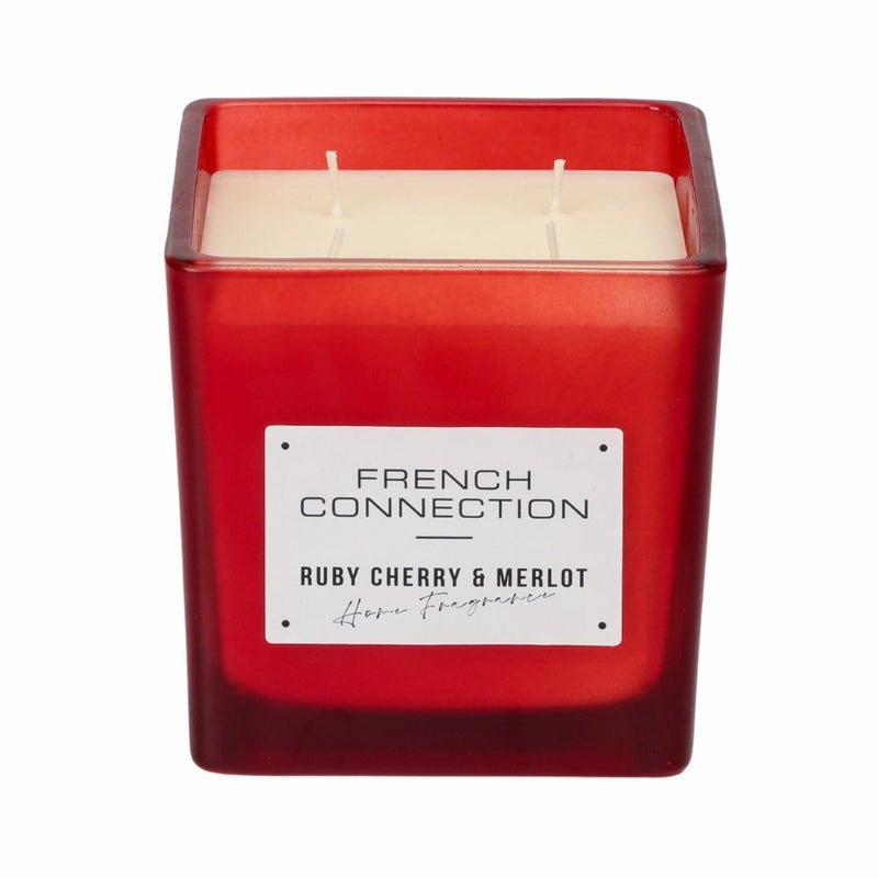 French Connection شمعة جرة معطرة كبيرة، كرز وميرلو - 830 جرام، شمع زبدة الشيا، 3 فتائل مع غطاء خشبي | مدة الاحتراق - 64 ساعة | مجموعة مربعة | مثالية للهدايا، ديكور المنزل، الحفلات وعطر الغرف | مثالية لديكور غرفة المعيشة والمكتب - Image 2