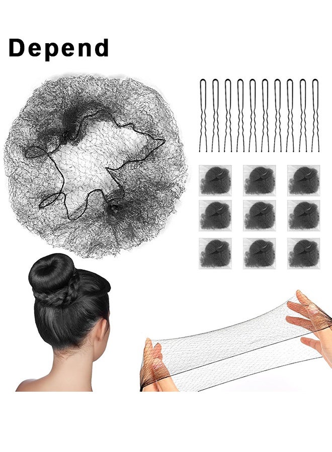 Depend Hair Nets For Buns, Black Hair Nets Bun Hair Net U Shaped Pins Set, 20Pcs Elastic Mesh Bun Nets With 20Pcs U Shaped Hair Pins, Professional Invisible Ballet Hair Accessories Set For Girls, Women And Dancers, Black - Image 1