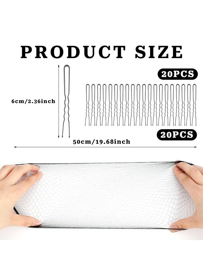 Depend Hair Nets For Buns, Black Hair Nets Bun Hair Net U Shaped Pins Set, 20Pcs Elastic Mesh Bun Nets With 20Pcs U Shaped Hair Pins, Professional Invisible Ballet Hair Accessories Set For Girls, Women And Dancers, Black - Image 2