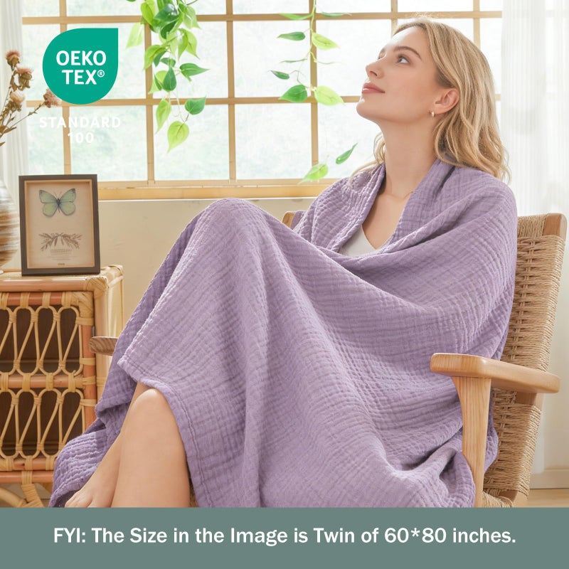 EMME Cotton Throw Blanket for Couch Soft Airy Muslin Bed Blankets Lightweight Breathable Blanket All Season Gauze Blanket, Lavender - Image 2