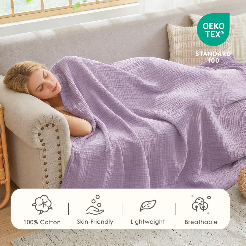 EMME Cotton Throw Blanket for Couch Soft Airy Muslin Bed Blankets Lightweight Breathable Blanket All Season Gauze Blanket, Lavender - Image 3