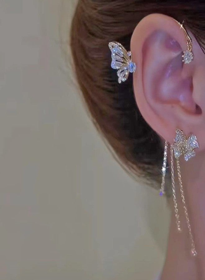 Jumwrit Women Rhinestone Butterfly Ear Cuffs With Tassel Chain Dangle - Non-Piercing Flower Wrap Climber Crawler - Boho Hollow Butterfly Earrings, Metal Rhinestone - Image 3