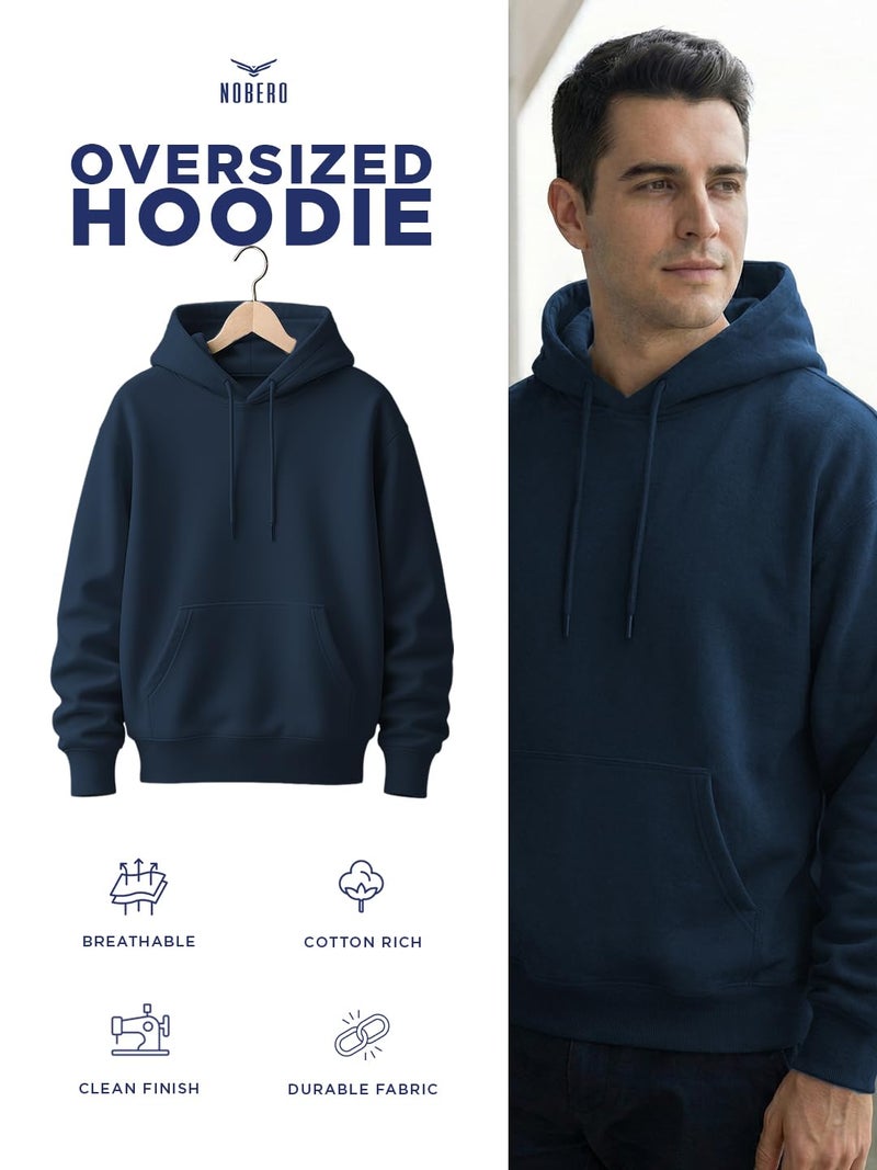 NOBERO Men's Cotton Blend Neck Hooded Oversized Fit Sweatshirt (1M-TWHO-R0041_Navy Blue_Small) - Image 4
