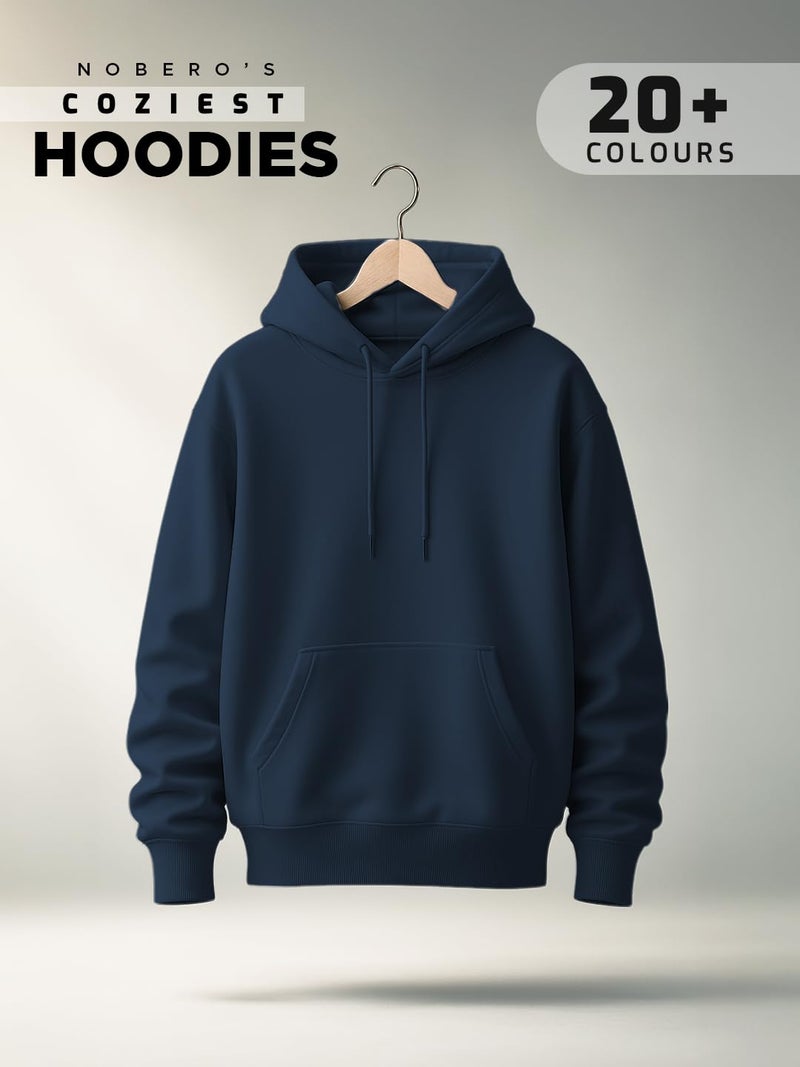 NOBERO Men's Cotton Blend Neck Hooded Oversized Fit Sweatshirt (1M-TWHO-R0041_Navy Blue_Small) - Image 2