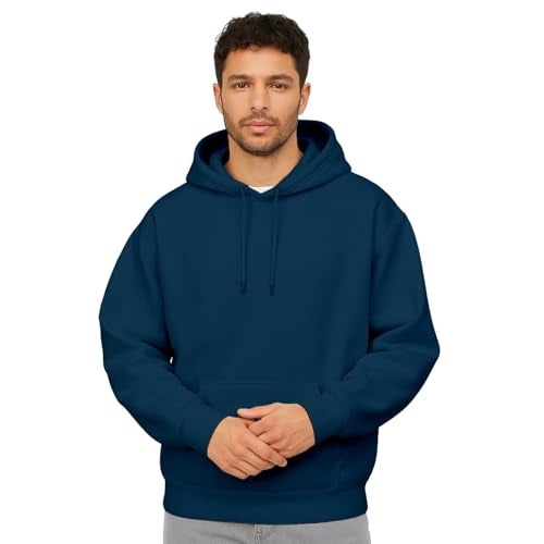 NOBERO Men's Cotton Blend Neck Hooded Oversized Fit Sweatshirt (1M-TWHO-R0041_Navy Blue_Small) - Image 1