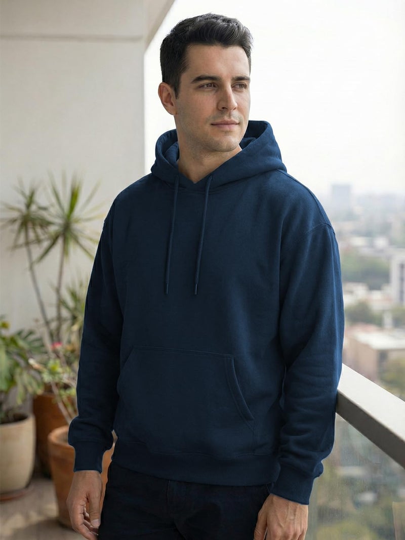 NOBERO Men's Cotton Blend Neck Hooded Oversized Fit Sweatshirt (1M-TWHO-R0041_Navy Blue_Small) - Image 3