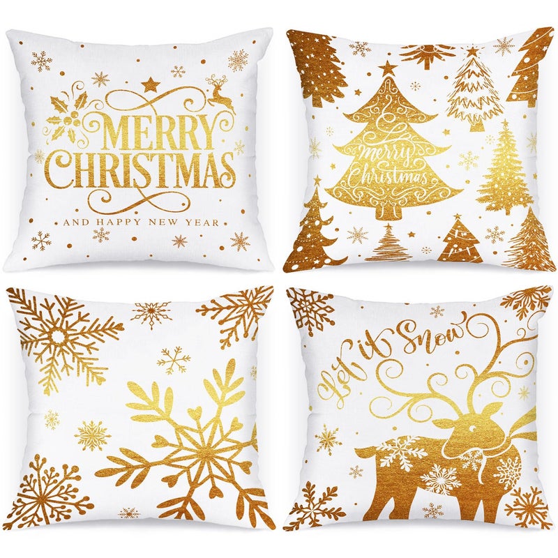 Lanpn White and Gold 40x40 Christmas Pillow Covers Set of 4 Decorative 40 cm Navy Winter Snowflake Throw Pillow Case Xmas Cushion Cover for Indoor House Sofa Gold