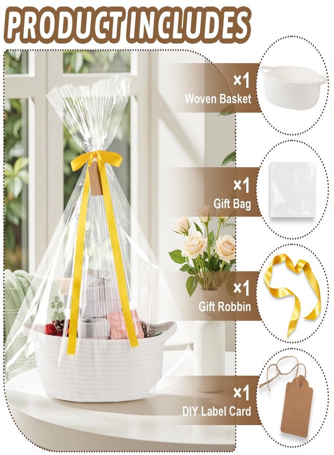 OIAHOMY Small Woven Basket with Gift Bags, Ribbons & DIY Label Card, Baskets for Gifts Empty, Small Rope Basket 12 * 8 * 5IN, Cute Decorative baskets with Handles for Baby Pets, Toys, White - Image 2