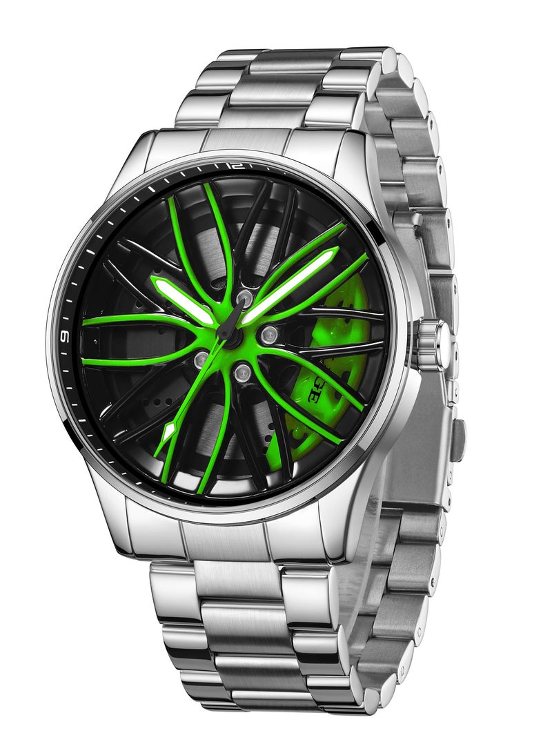 LIGE Men's Creative Rotatable Car Wheel Rim Design Watch Dial Waterproof Sports Quartz Watches Luxury Metal Strap Silver  - Image 1