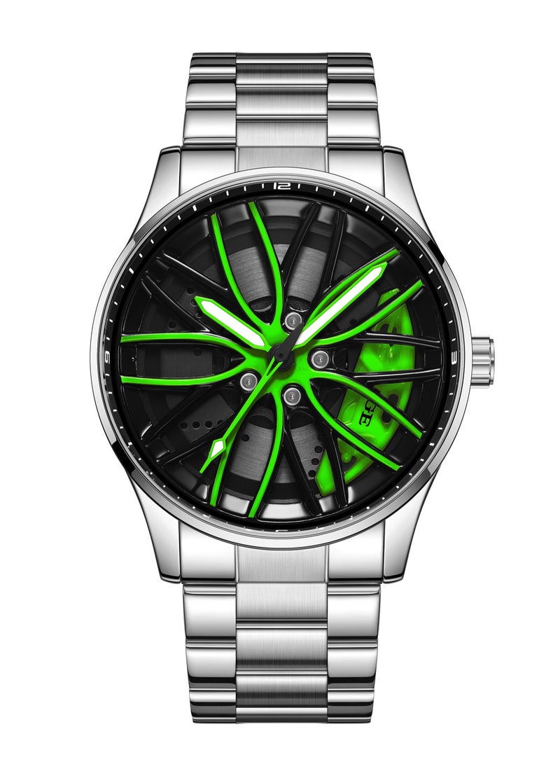 LIGE Men's Creative Rotatable Car Wheel Rim Design Watch Dial Waterproof Sports Quartz Watches Luxury Metal Strap Silver  - Image 2
