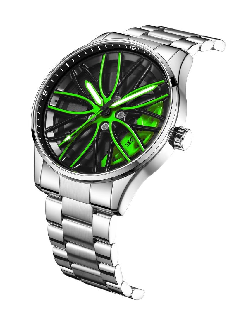 LIGE Men's Creative Rotatable Car Wheel Rim Design Watch Dial Waterproof Sports Quartz Watches Luxury Metal Strap Silver  - Image 3
