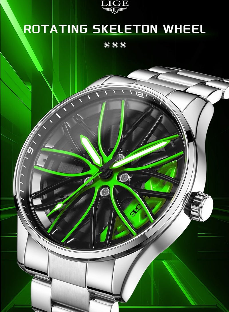 LIGE Men's Creative Rotatable Car Wheel Rim Design Watch Dial Waterproof Sports Quartz Watches Luxury Metal Strap Silver  - Image 4