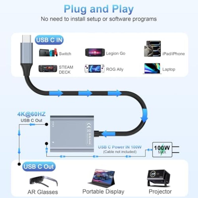 محول نظارات USB-C إلى AR لبث الألعاب: هيكل من الألومنيوم، أسود، شحن PD بقوة 100 وات + مخرج فيديو للتبديل، سطح البخار، ROG Ally، iPhone 15، Rayneo، Rokid، Xreal - Image 3