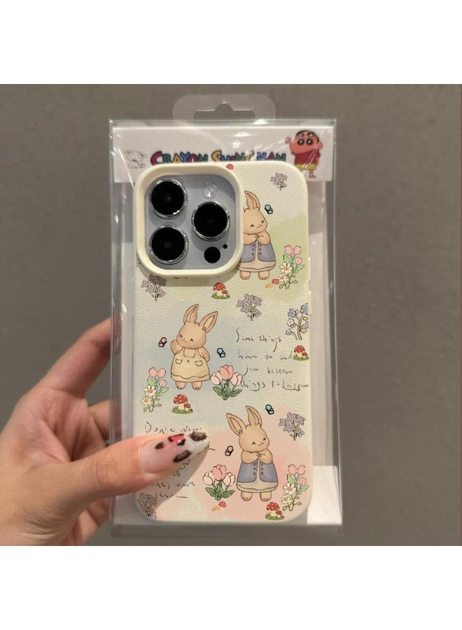 NIBEMINENT Cartoon Picking Flowers Rabbit Protective TPU Case Cover For iPhone 15 Pro, Antique White