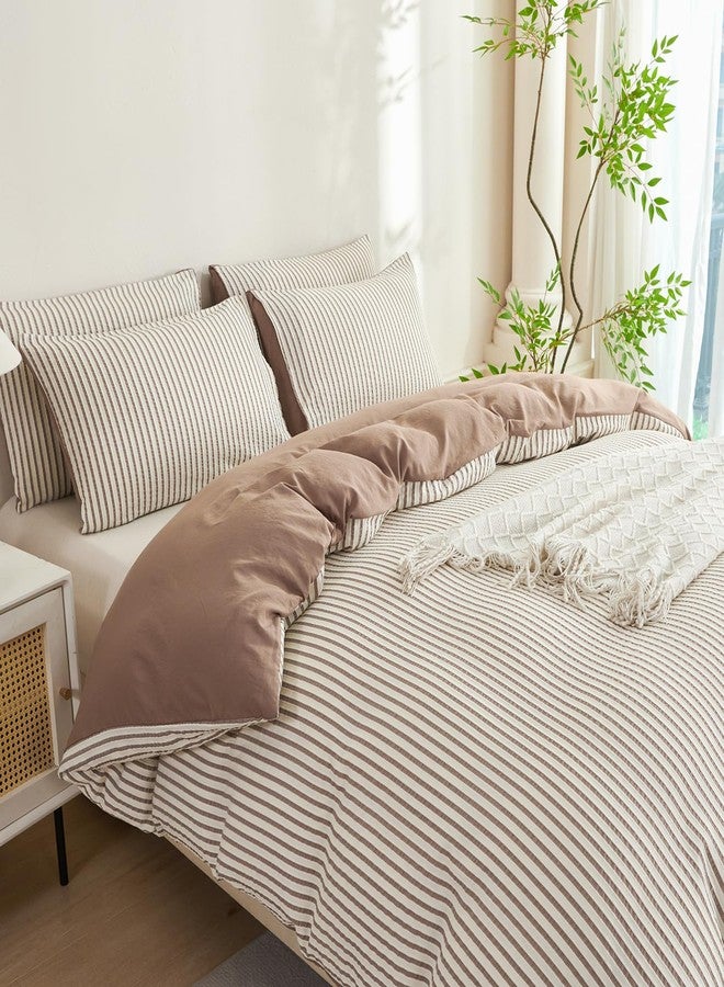 BUPIRD Mocha Brown Comforter Set King Striped Soft Washed Microfiber Jacquard 3 Pieces Striped Bedding Sets Mocha Brown White Comforter for All Seasons and 2 Pillowcases Comfort Breathable - Image 5