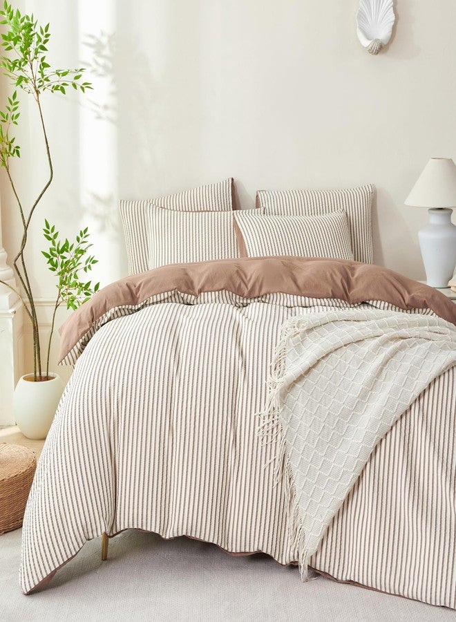 BUPIRD Mocha Brown Comforter Set King Striped Soft Washed Microfiber Jacquard 3 Pieces Striped Bedding Sets Mocha Brown White Comforter for All Seasons and 2 Pillowcases Comfort Breathable - Image 1