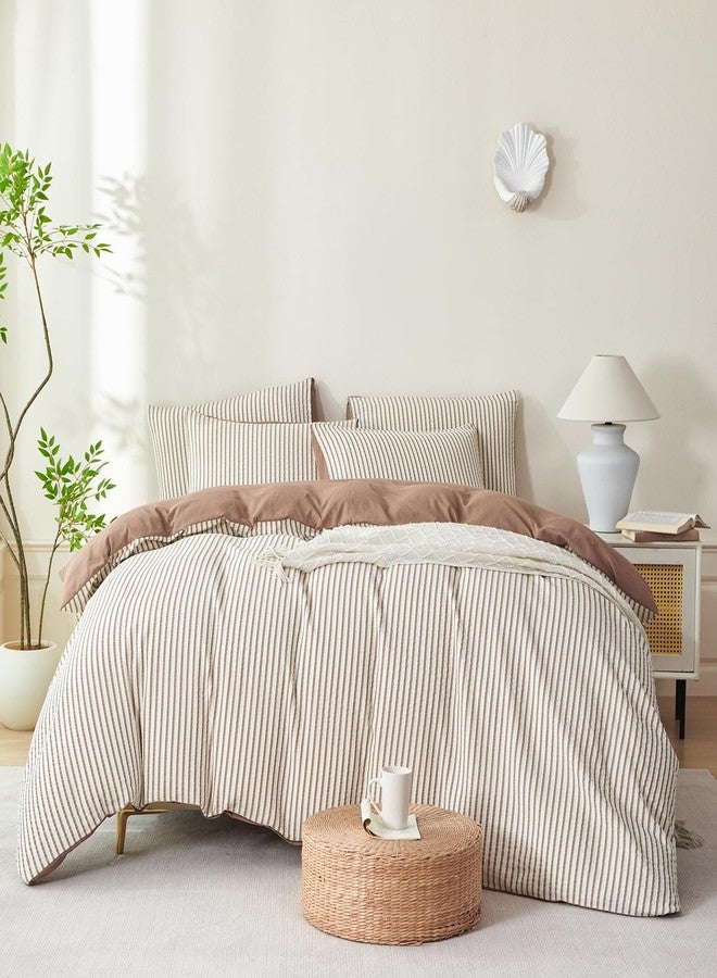 BUPIRD Mocha Brown Comforter Set King Striped Soft Washed Microfiber Jacquard 3 Pieces Striped Bedding Sets Mocha Brown White Comforter for All Seasons and 2 Pillowcases Comfort Breathable - Image 3