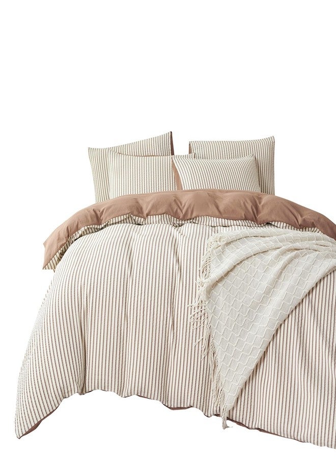 BUPIRD Mocha Brown Comforter Set King Striped Soft Washed Microfiber Jacquard 3 Pieces Striped Bedding Sets Mocha Brown White Comforter for All Seasons and 2 Pillowcases Comfort Breathable - Image 2