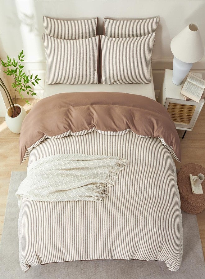 BUPIRD Mocha Brown Comforter Set King Striped Soft Washed Microfiber Jacquard 3 Pieces Striped Bedding Sets Mocha Brown White Comforter for All Seasons and 2 Pillowcases Comfort Breathable - Image 4