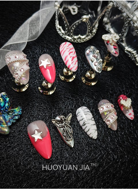 10 Pieces Handmade Press On Nails,Reusable and Removable Almond Shaped False Nails,Colorful French Style,Star,Peach Heart and Bow Design,Comes with A Rubbing Strip and A Piece of Jelly Glue for Fashionable Women's Holiday Gifts,False Nail Set
