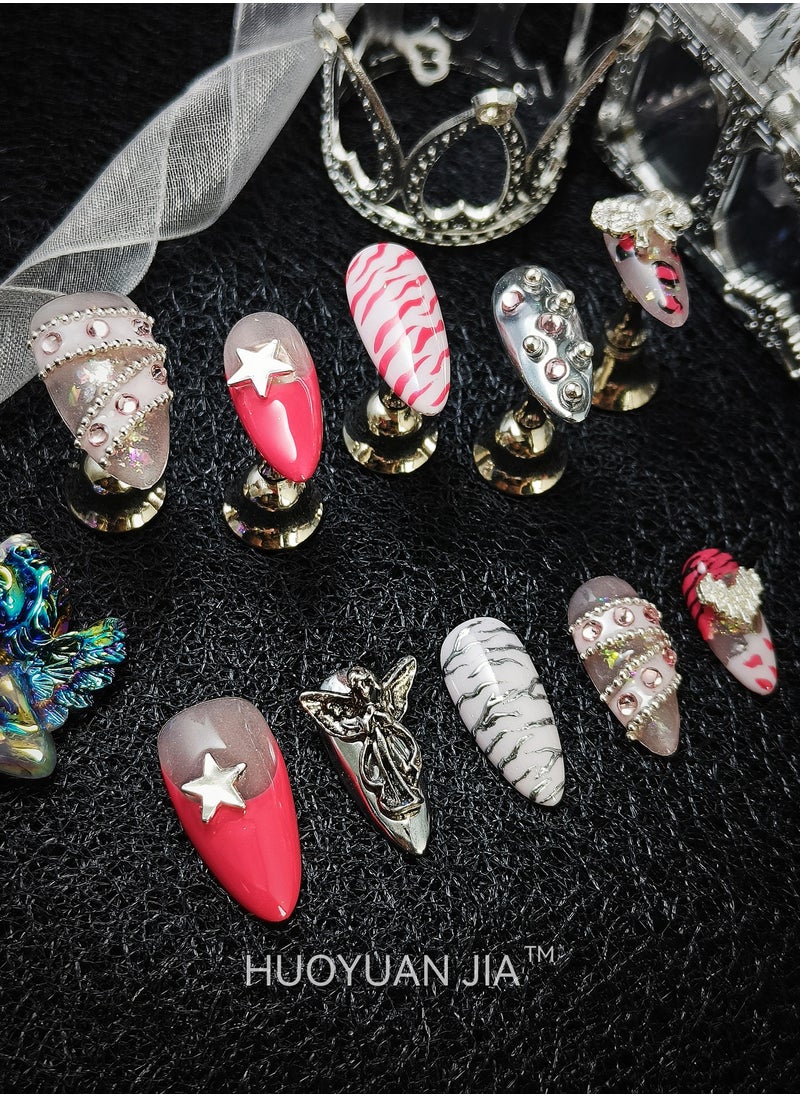 HUOYUAN JIA - 10 Pieces Handmade Press On Nails,Reusable and Removable Almond Shaped False Nails,Colorful French Style,Star,Peach Heart and Bow Design,Comes with A Rubbing Strip and A Piece of Jelly Glue for Fashionable Women's Holiday Gifts,False Nail Set - Image 1