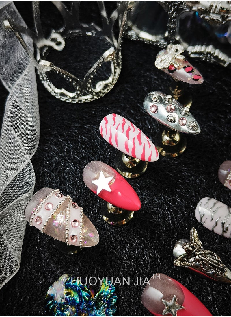 HUOYUAN JIA - 10 Pieces Handmade Press On Nails,Reusable and Removable Almond Shaped False Nails,Colorful French Style,Star,Peach Heart and Bow Design,Comes with A Rubbing Strip and A Piece of Jelly Glue for Fashionable Women's Holiday Gifts,False Nail Set - Image 1