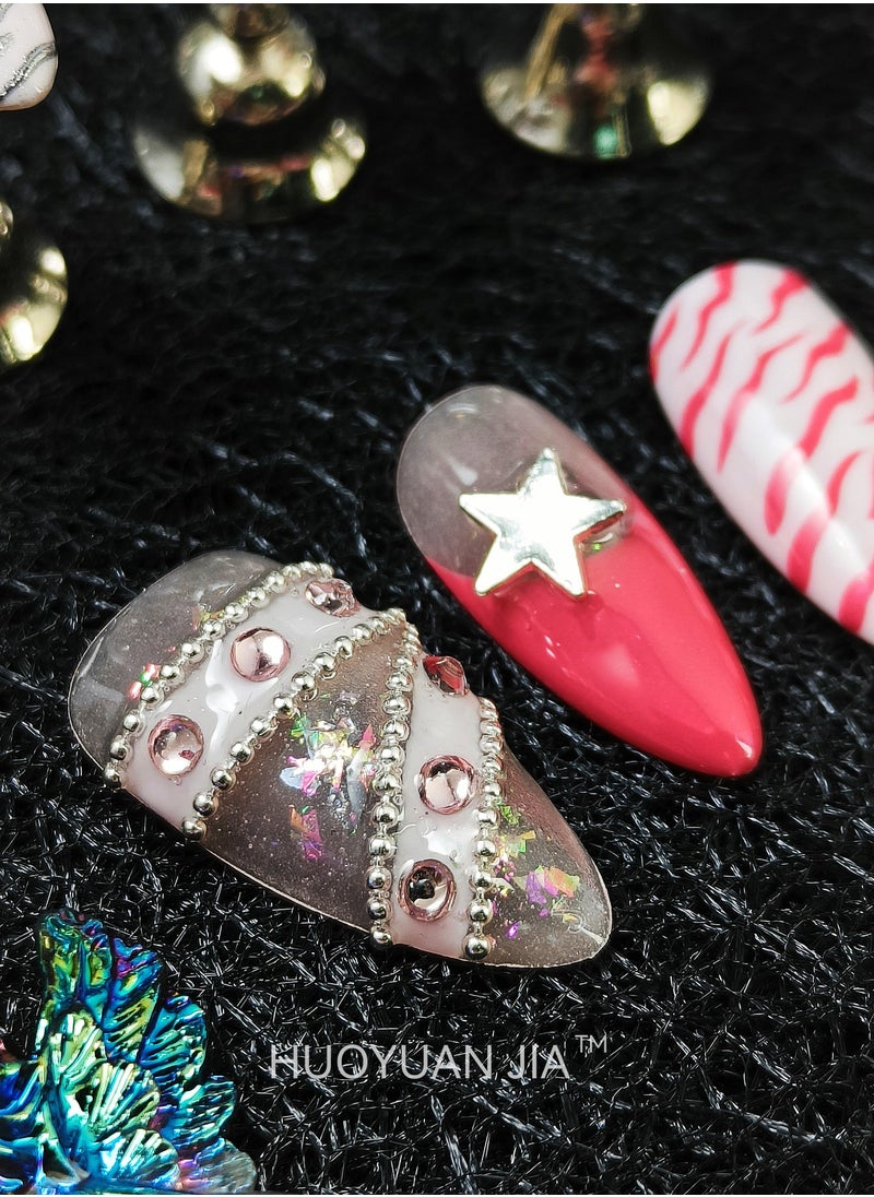 HUOYUAN JIA - 10 Pieces Handmade Press On Nails,Reusable and Removable Almond Shaped False Nails,Colorful French Style,Star,Peach Heart and Bow Design,Comes with A Rubbing Strip and A Piece of Jelly Glue for Fashionable Women's Holiday Gifts,False Nail Set - Image 1