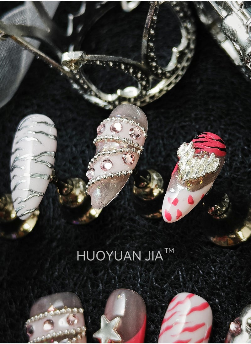 HUOYUAN JIA - 10 Pieces Handmade Press On Nails,Reusable and Removable Almond Shaped False Nails,Colorful French Style,Star,Peach Heart and Bow Design,Comes with A Rubbing Strip and A Piece of Jelly Glue for Fashionable Women's Holiday Gifts,False Nail Set - Image 1