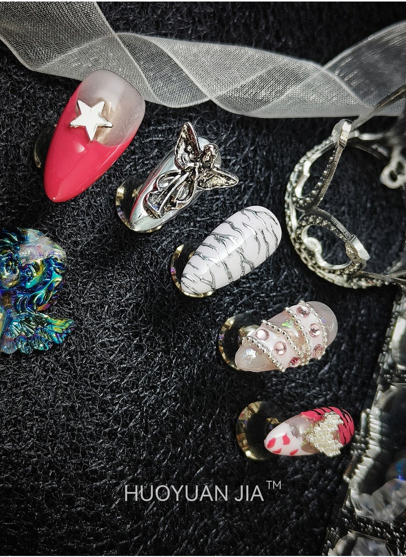 HUOYUAN JIA - 10 Pieces Handmade Press On Nails,Reusable and Removable Almond Shaped False Nails,Colorful French Style,Star,Peach Heart and Bow Design,Comes with A Rubbing Strip and A Piece of Jelly Glue for Fashionable Women's Holiday Gifts,False Nail Set - Image 1