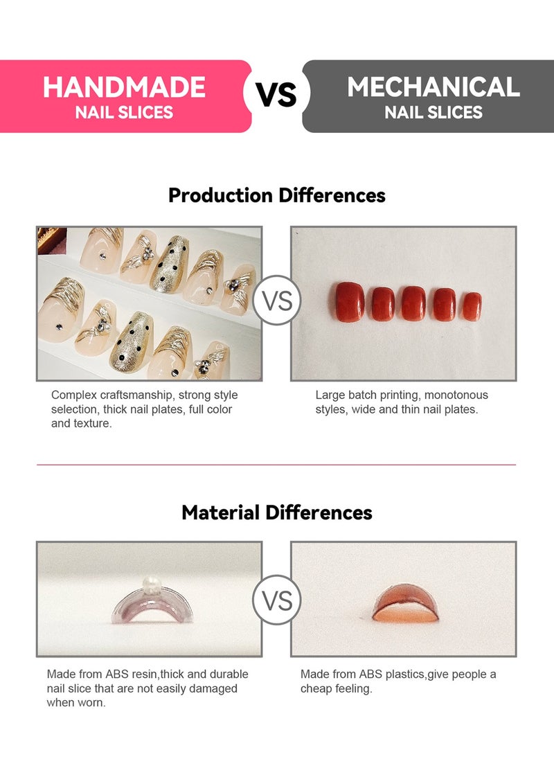 HUOYUAN JIA - 10 Pieces Handmade Press On Nails,Reusable and Removable Almond Shaped False Nails,Colorful French Style,Star,Peach Heart and Bow Design,Comes with A Rubbing Strip and A Piece of Jelly Glue for Fashionable Women's Holiday Gifts,False Nail Set - Image 1
