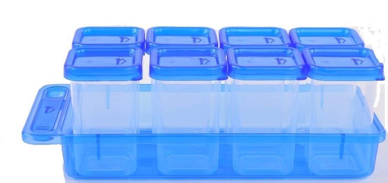 Gluman Plastic Masala Container Set With Organiser Tray And Spoon|Spice Organiser With Pre-Printed Sticker Labels|100% Food Grade|Dishwasher Safe|Freezer Safe|Microwave Safe|Reusable (Blue) - Image 1