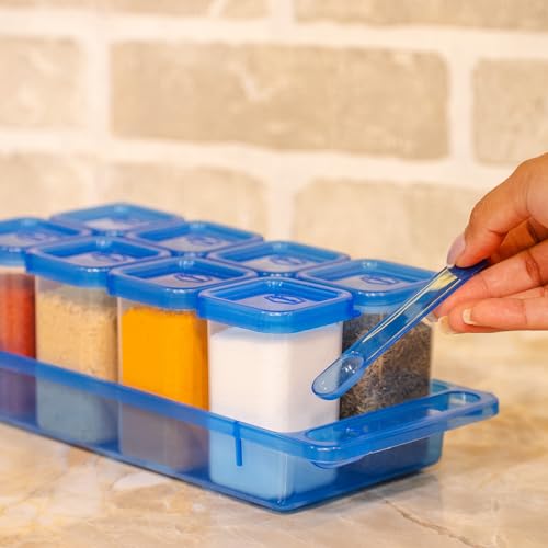 Gluman Plastic Masala Container Set With Organiser Tray And Spoon|Spice Organiser With Pre-Printed Sticker Labels|100% Food Grade|Dishwasher Safe|Freezer Safe|Microwave Safe|Reusable (Blue) - Image 2