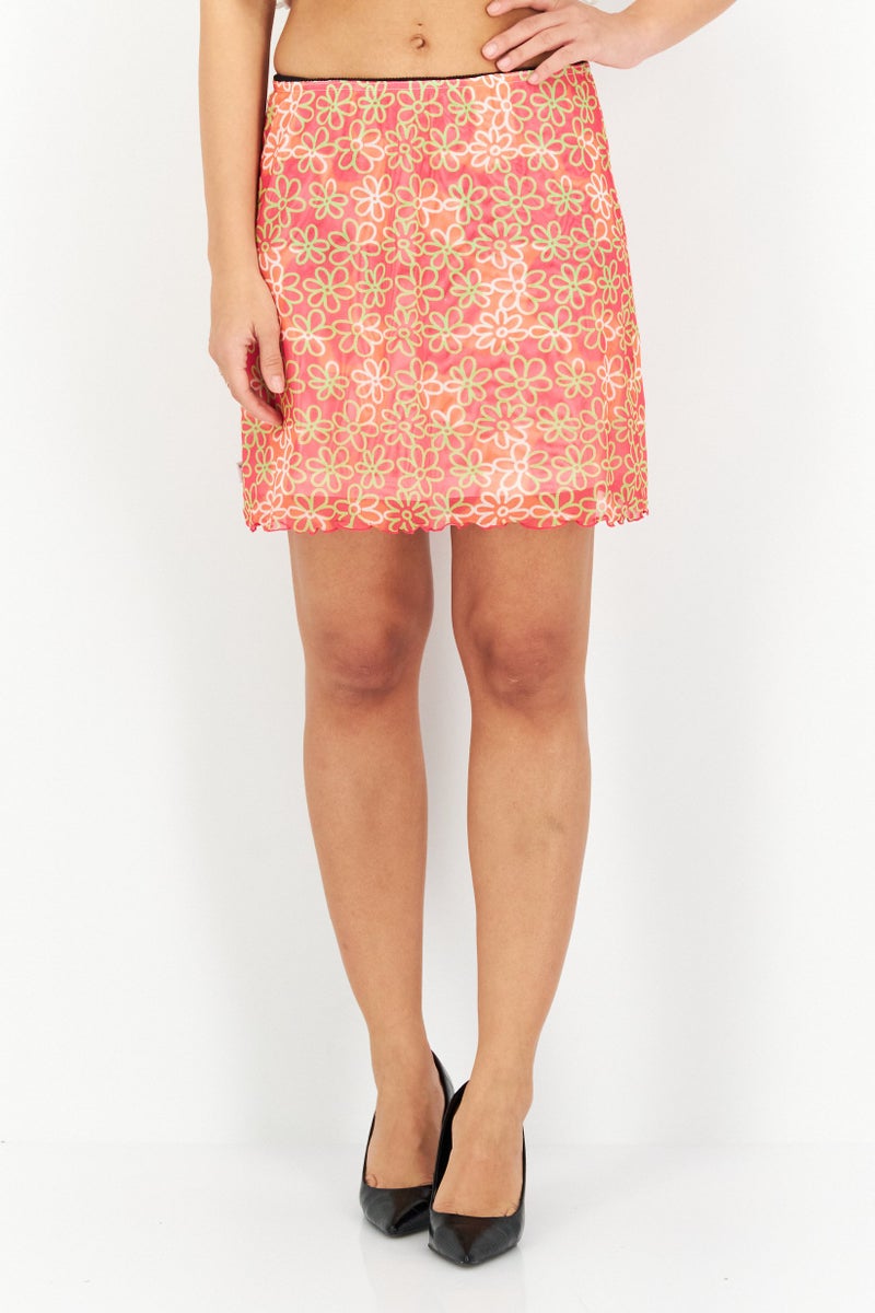 Misfit Women Regular Fit Floral Print Mini Skirt, Orange - Image 1