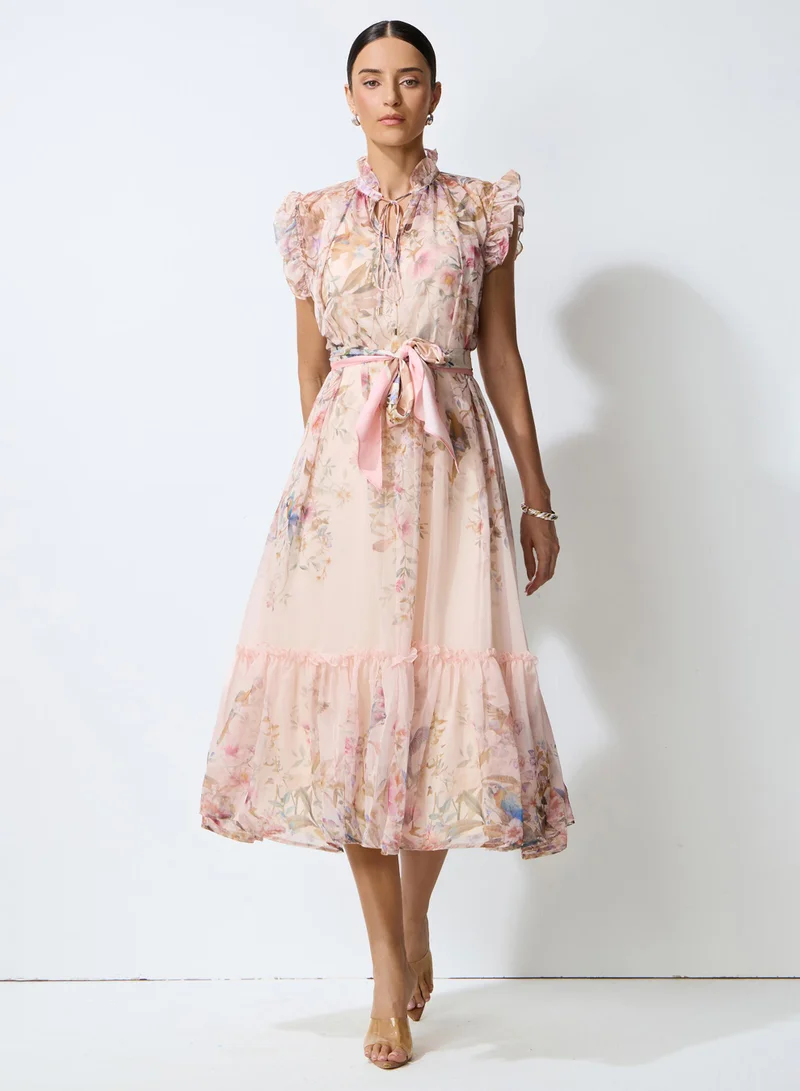 Sunfere So Much Charm Pink Floral Print Ruffled Midi Dress