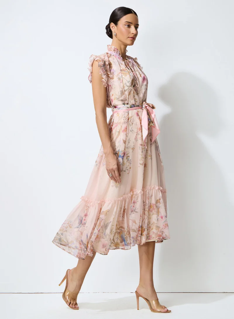 Sunfere So Much Charm Pink Floral Print Ruffled Midi Dress