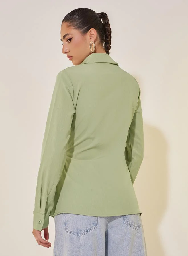 Take Two Solid Long Sleeve Collared Wrap Top