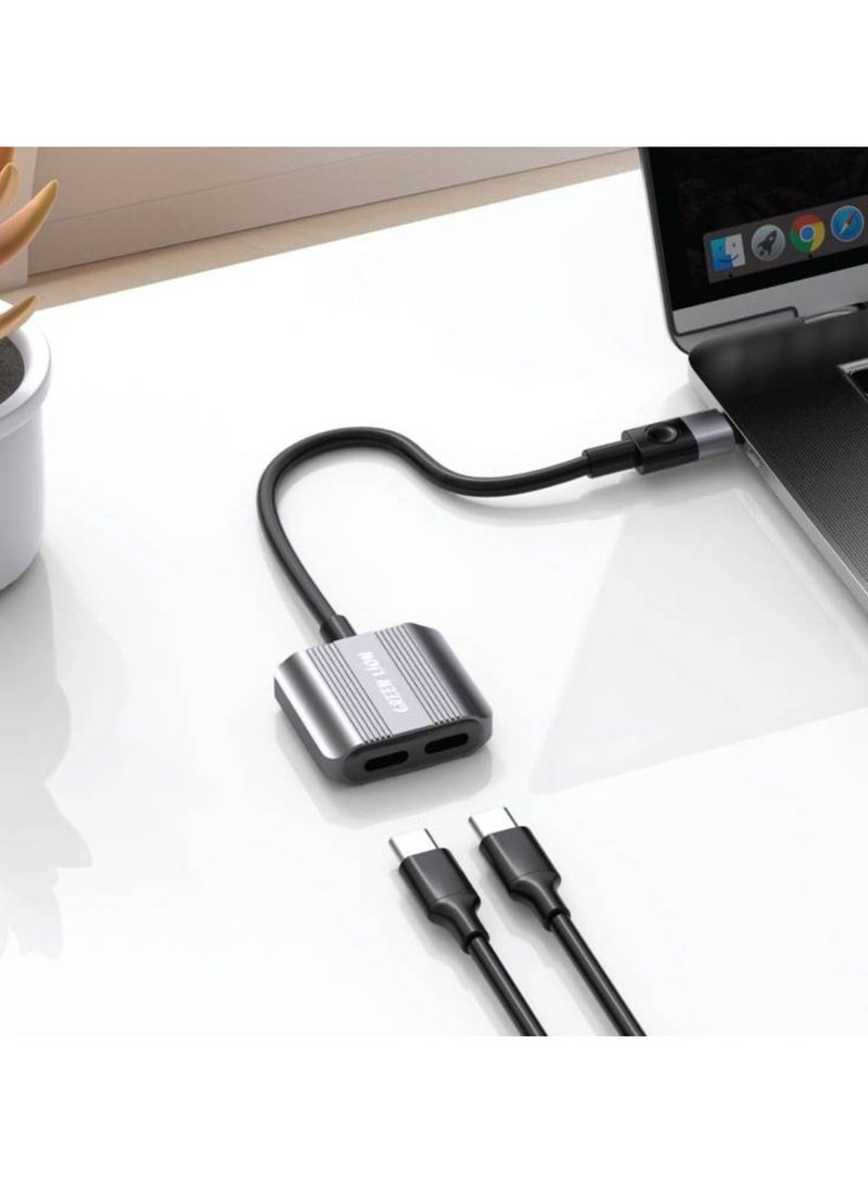 جرين ليون محول موزع 2 في 1 من النوع C إلى النوع C المزدوج، 12 سم، سبائك الألومنيوم وTPE، 5 فولت / 2.4 أمبير، خرج شحن 12 وات، مقاوم للخدش والصدأ، تبديد جيد للحرارة، مكالمات، موسيقى، شحن، جهاز تحكم عن بعد - أسود / فضي - Image 2