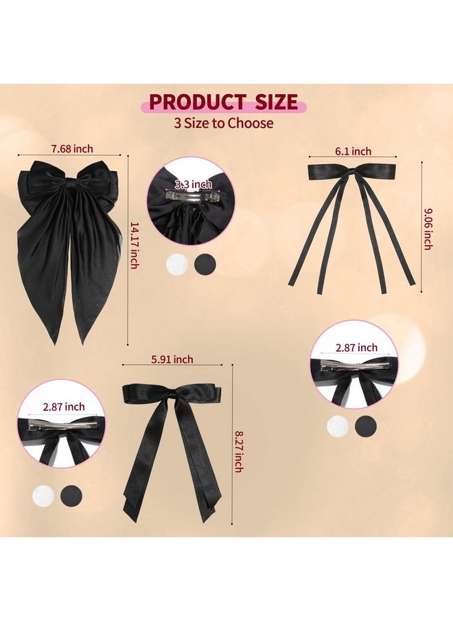 Uausyaly - 6Pcs Hair Bows For Women Adults Girls Hair Bows Clips Hair Ribbon Tassel With Long Tail Cute Hair Accessories Silky Satin Barrettes Ponytail Holder Bow (Black & White 3 Size) - Image 1
