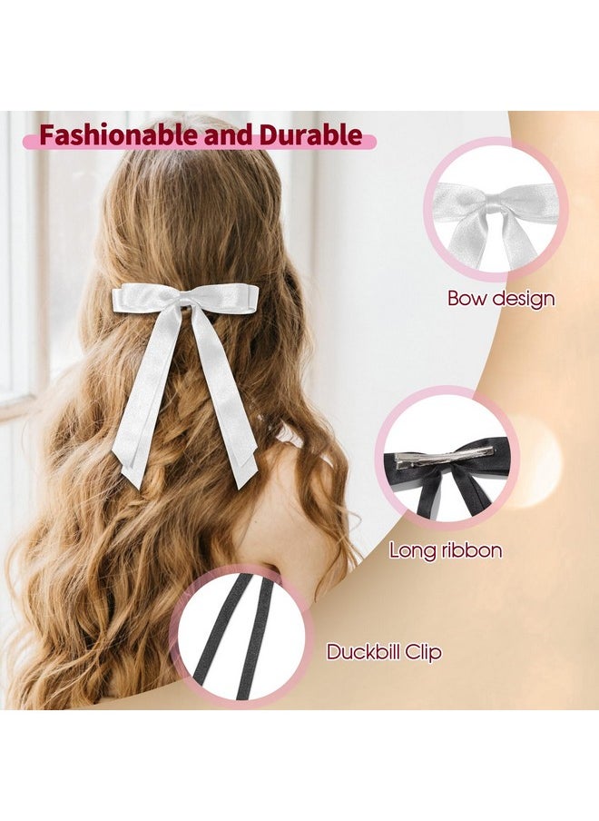 Uausyaly - 6Pcs Hair Bows For Women Adults Girls Hair Bows Clips Hair Ribbon Tassel With Long Tail Cute Hair Accessories Silky Satin Barrettes Ponytail Holder Bow (Black & White 3 Size) - Image 1
