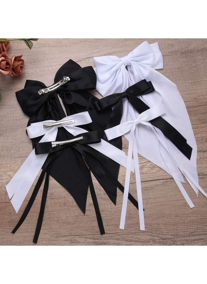 Uausyaly - 6Pcs Hair Bows For Women Adults Girls Hair Bows Clips Hair Ribbon Tassel With Long Tail Cute Hair Accessories Silky Satin Barrettes Ponytail Holder Bow (Black & White 3 Size) - Image 1