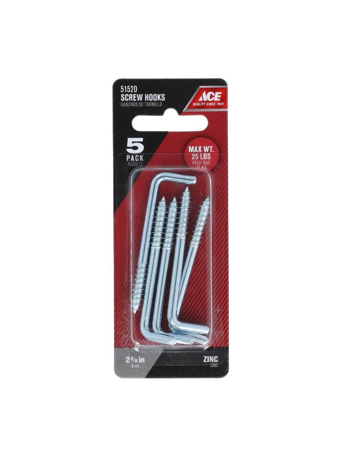 ACE 5-Piece Zinc-Plated Square Bend Screw Hook Silver 6cm 51520 - Image 2