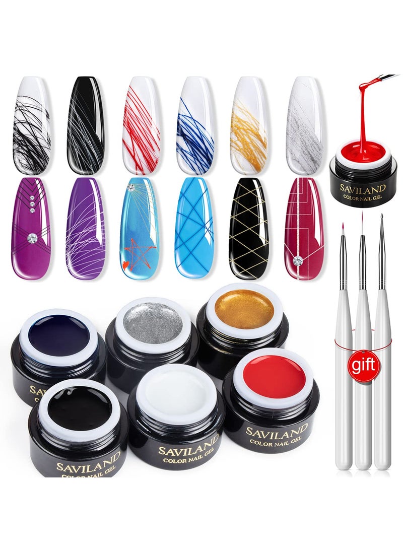 Saviland SAVILAND 6 Colors Spider Gel, New Upgraded Matrices Spider Gel with Nail Art Brushes, Nail Designs Gel Paint Wire Drawing Gel Polish for Line (White Black Red Blue Gold Silver) 