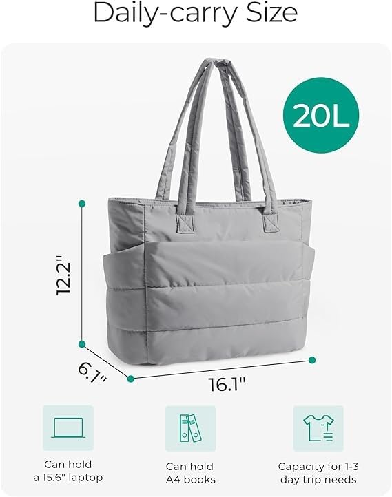 Prplet Tote Bag for Woman | Lightweight Puffy Shoulder Handbag with Multi Compartment | Travel, Office, Gym & Daily Use | Durable Taslan Fabric (Grey) - Image 2