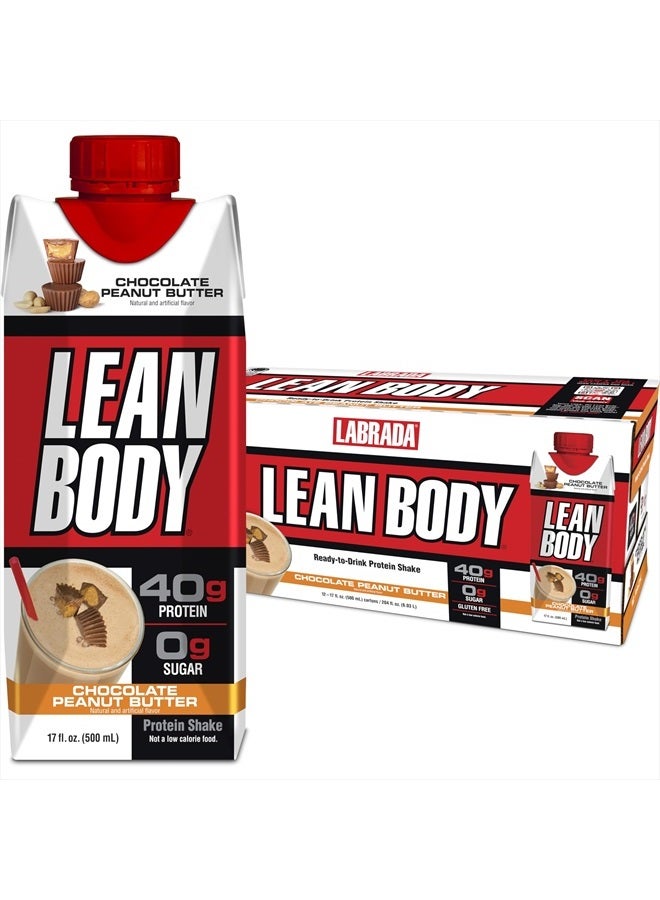 LABRADA Lean Body Ready-to-Drink Protein Shake, 40g Protein, Whey Blend, 0 Sugar, Gluten Free, 22 Vitamins & Minerals, (Recyclable Carton & Lid - Pack of 12) LABRADA (Chocolate Peanut Butter) - Image 1